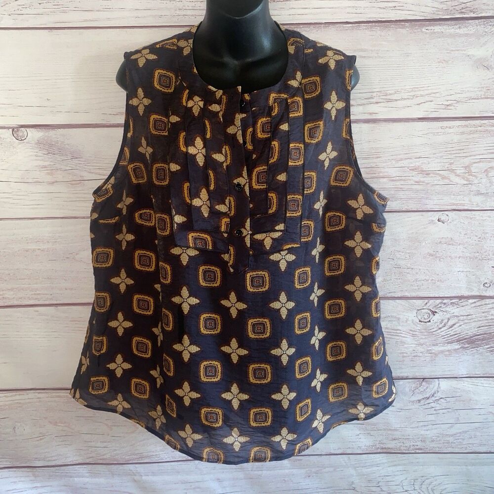 Cabi Womens XL Sleeveless Blouse Brown Geometric Print Pleated Boho Top A5